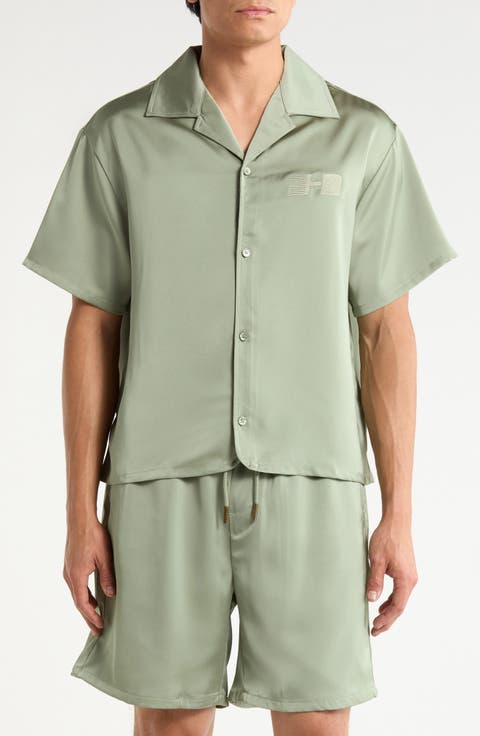 Satin Logo Embroidered Button-Up Camp Shirt