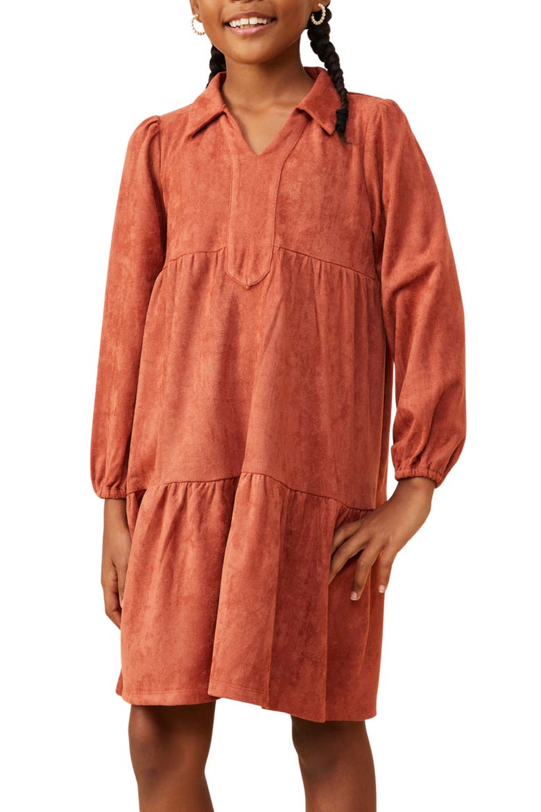 Kids' Vegan Faux Suede Tiered Swing Dress, Alternate, color, RUST