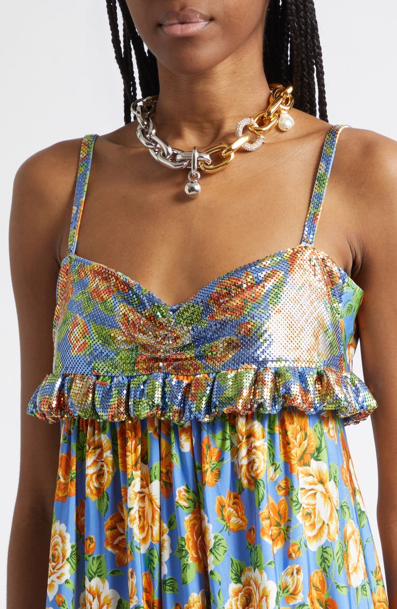 Rabanne Floral Chain Mail Bodice Babydoll Dress, Alternate, color, Floral Blue/ Orange/ Pink