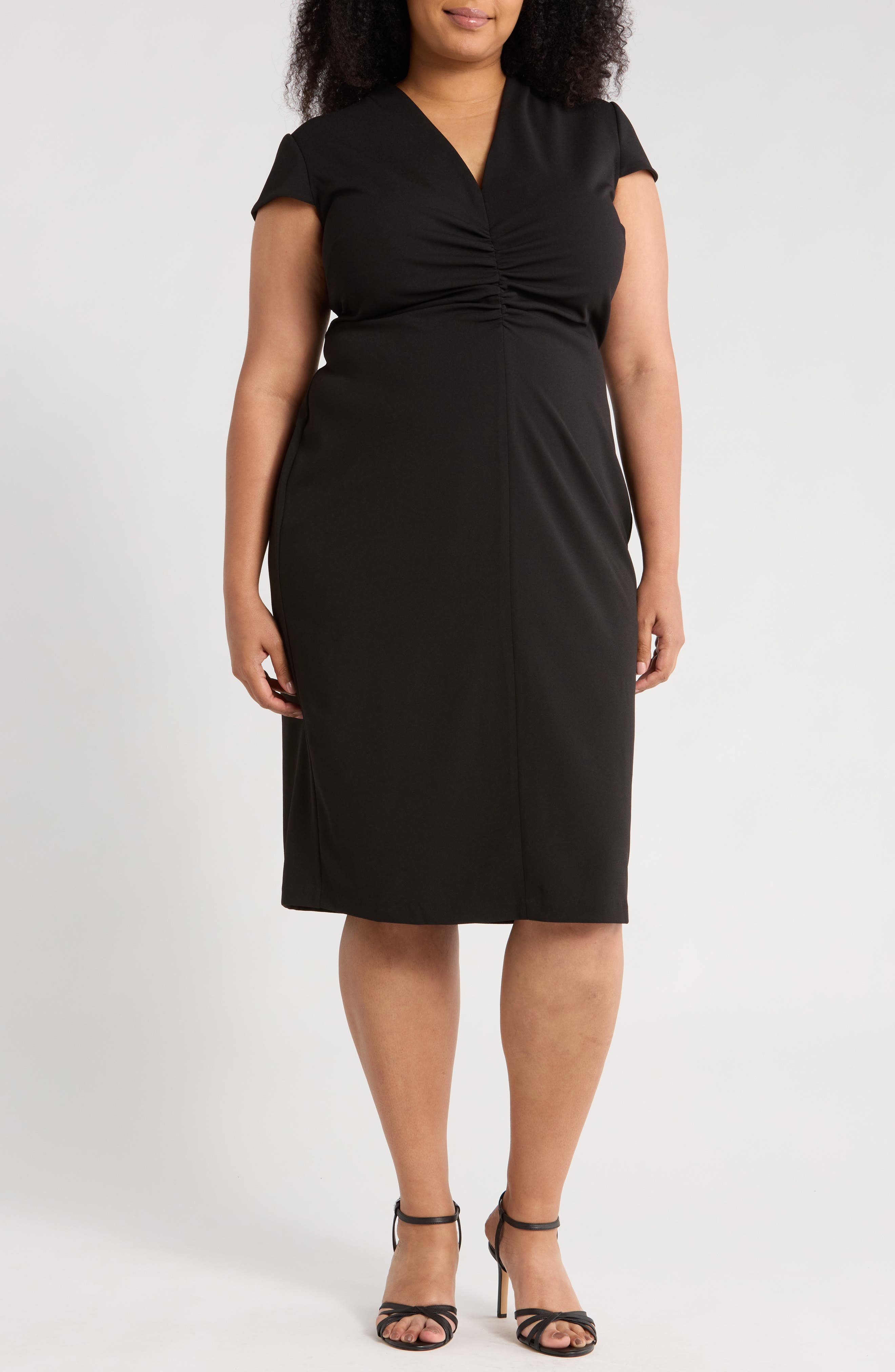 London Times Center Ruched Cap Sleeve Midi Dress