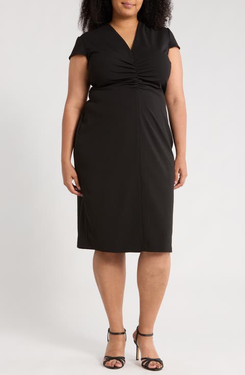 Center Ruched Cap Sleeve Midi Dress (Plus)