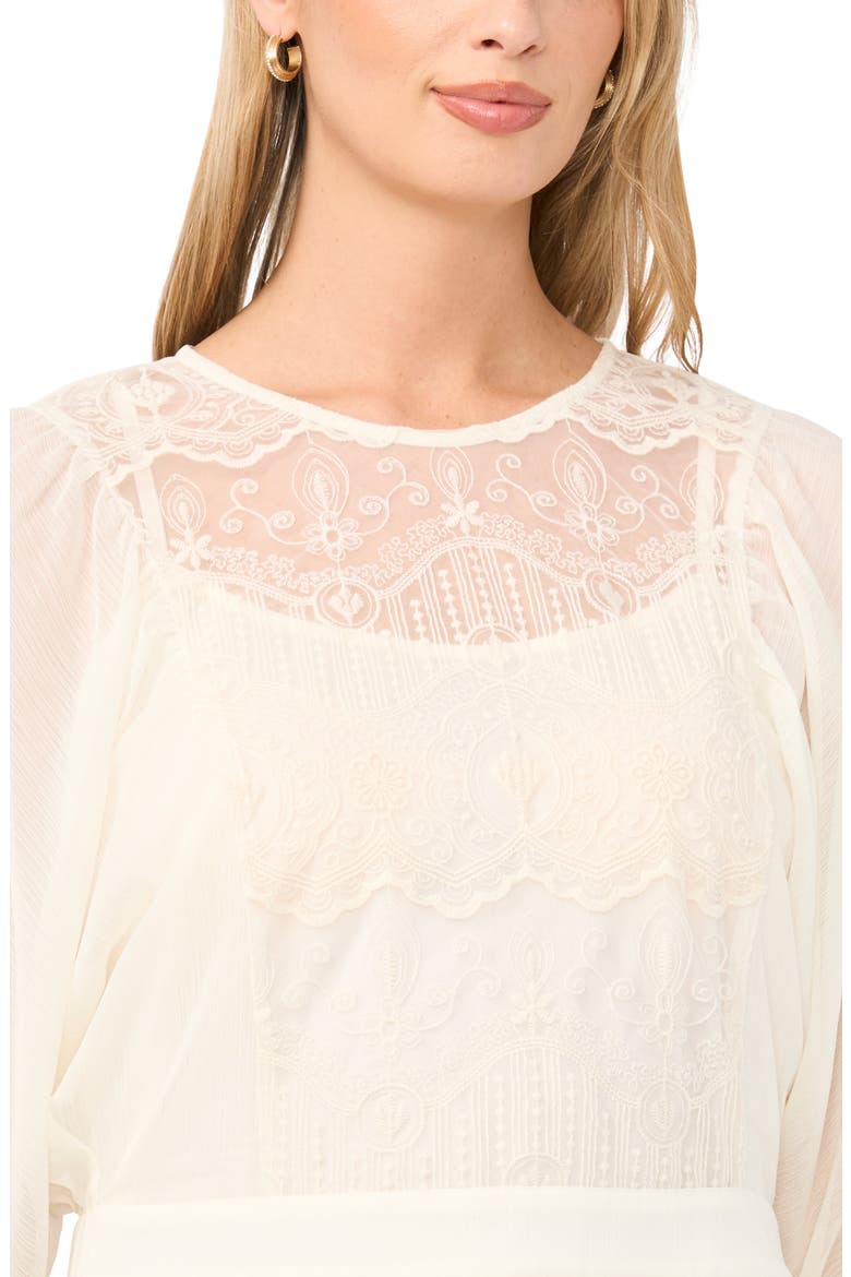 Embroidered Mesh Yoke Peplum Top, Alternate, color, TOASTED IVORY