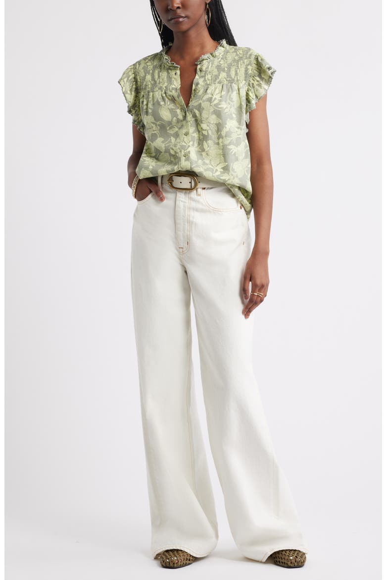 Smocked Yoke Linen Blend Shirt, Alternate, color, OLIVE- GREEN JILL BLOOM