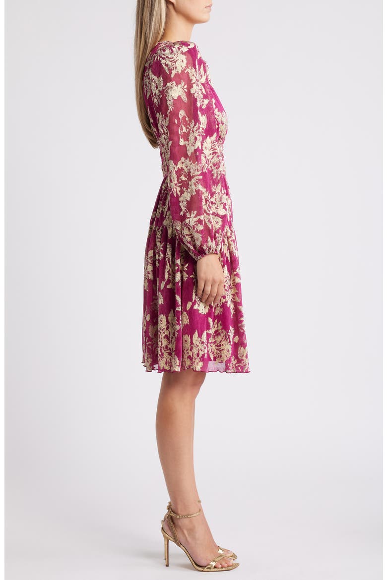 Metallic Floral Long Sleeve Fit & Flare Dress, Alternate, color, MAGENTA