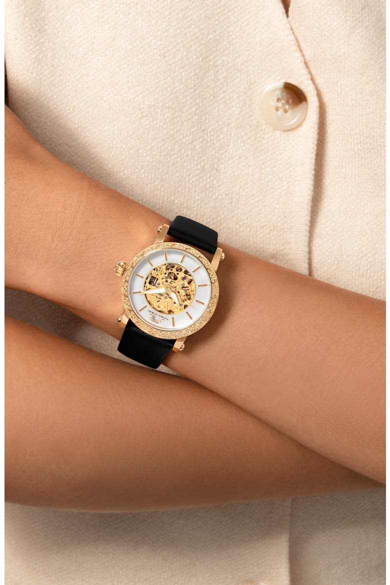 Liza Automatic Silk Covered Leather Strap Watch, 38mm, Alternate, color, BLACK-GOLD