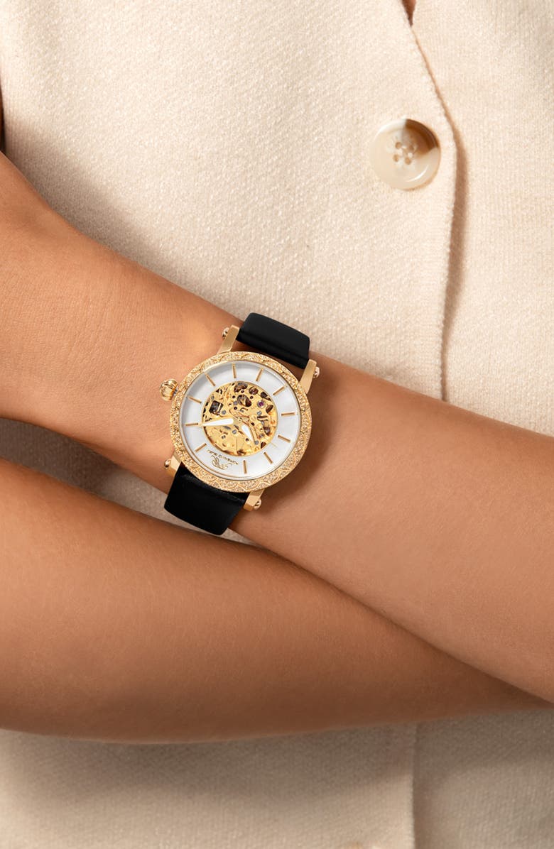 PORSAMO BLEU Liza Automatic Silk Covered Leather Strap Watch, 38mm, Alternate, color, Black-Gold