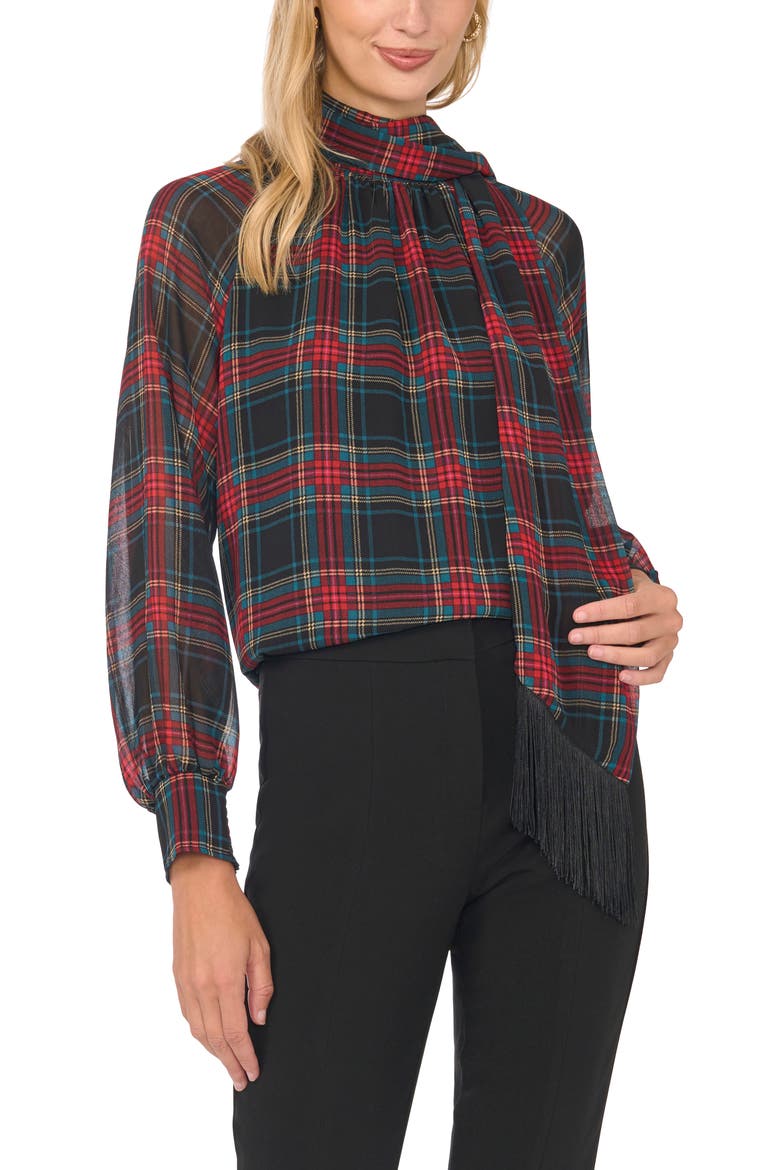 Plaid Fringe Trim Tie Neck Top, Main, color, RICH BLACK