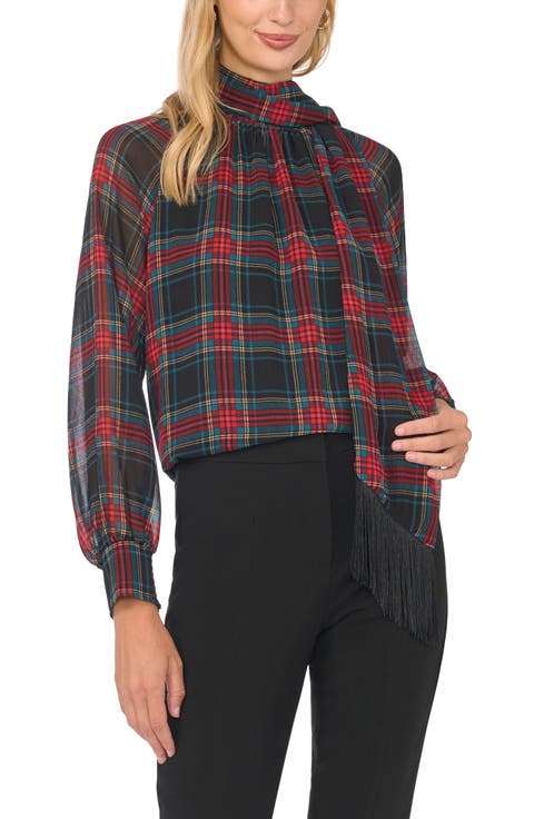 Plaid Fringe Trim Tie Neck Top