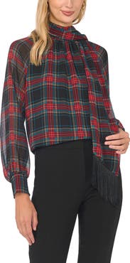 Vince Camuto Plaid Fringe Trim Tie Neck Top