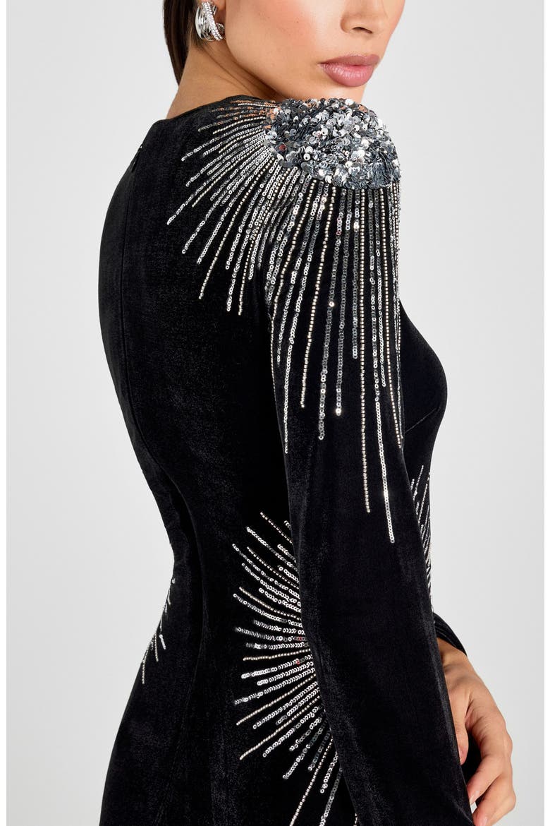 Ellie Embellished Starburst Velvet Midi Dress, Alternate, color, BLACK