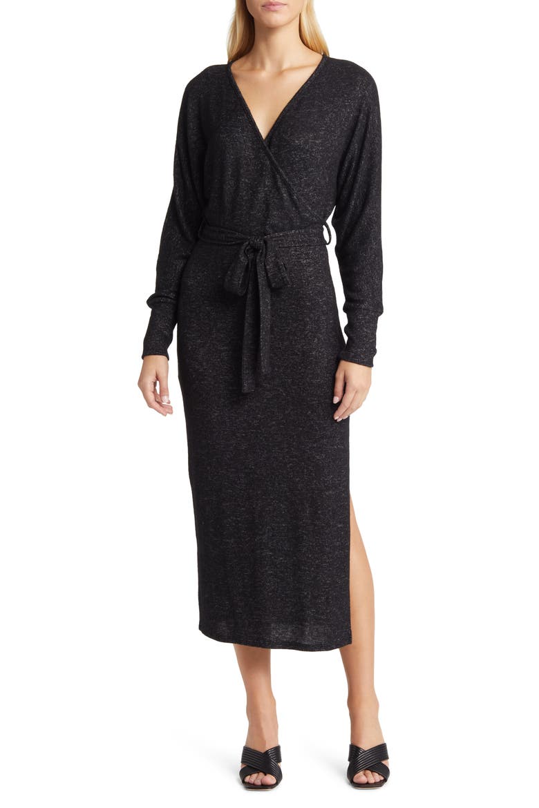 Long Sleeve Faux Wrap Midi Dress, Main, color, BLACK