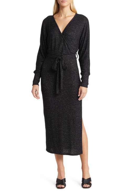 Long Sleeve Faux Wrap Midi Dress