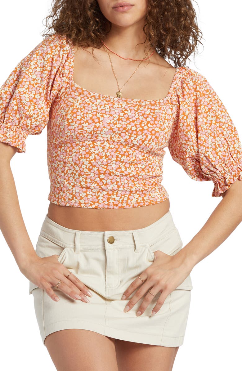 Billabong Floral Pointelle Smocked Back Crop Top, Main, color, Light Sorbet