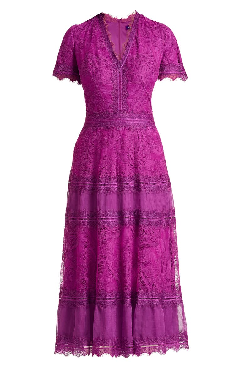 Lace & Mesh Midi Cocktail Dress, Alternate, color, MAGENTA