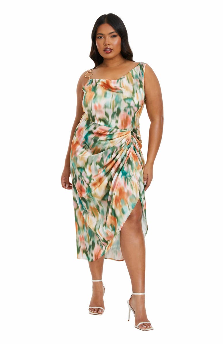 QUIZ Satin Marble Ruched Cowl Midi Dress, Main, color, 