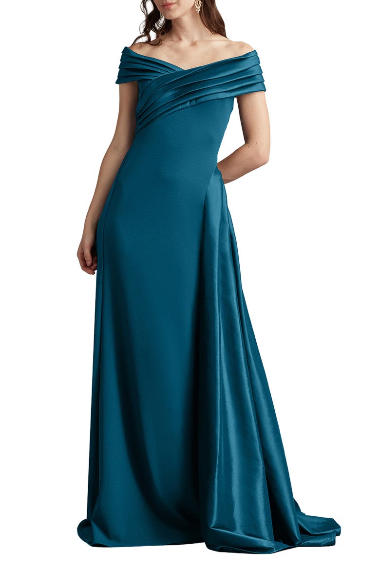 tadashi evening dresses Shoji Women's Margaux Off-Shoulder Floral Ruffle Trim Gown - Black and his designs are celebrated by women worldwide for their trademark elegance and accessibility Tadashi Shoji Formal Dresses &