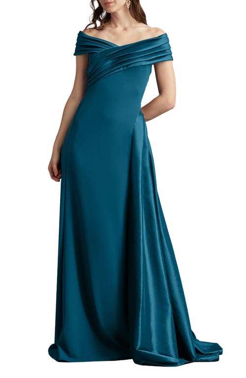 Tadashi Shoji Off The Shoulder Crepe & Taffeta Gown In Blue