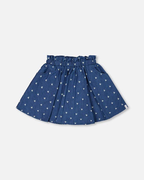 Little Girl's Printed Chambray Skort Navy Blue And White Hearts