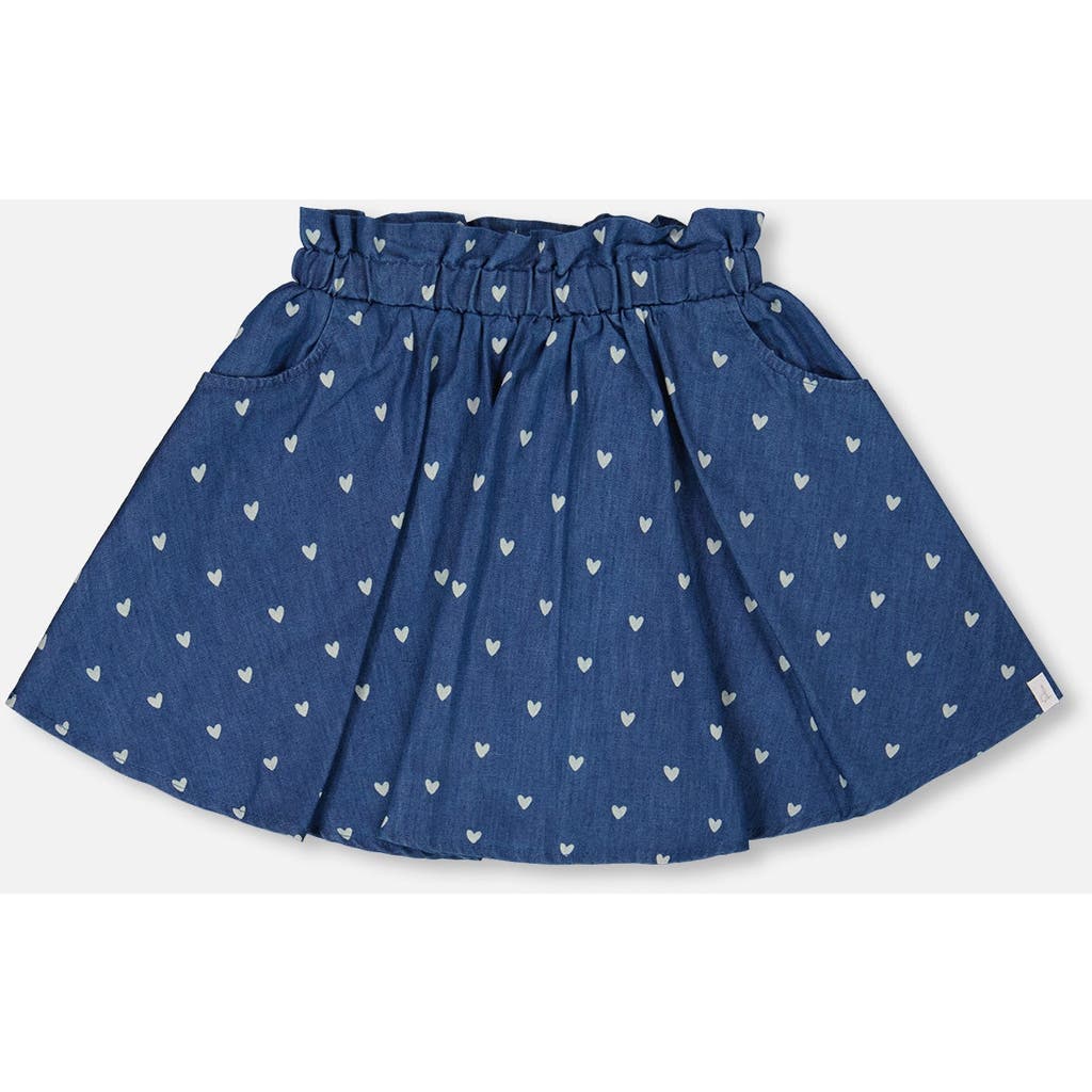 Deux Par Deux Girl's Printed Chambray Skort Blue And White Cherries In Navy Blue And White Hearts