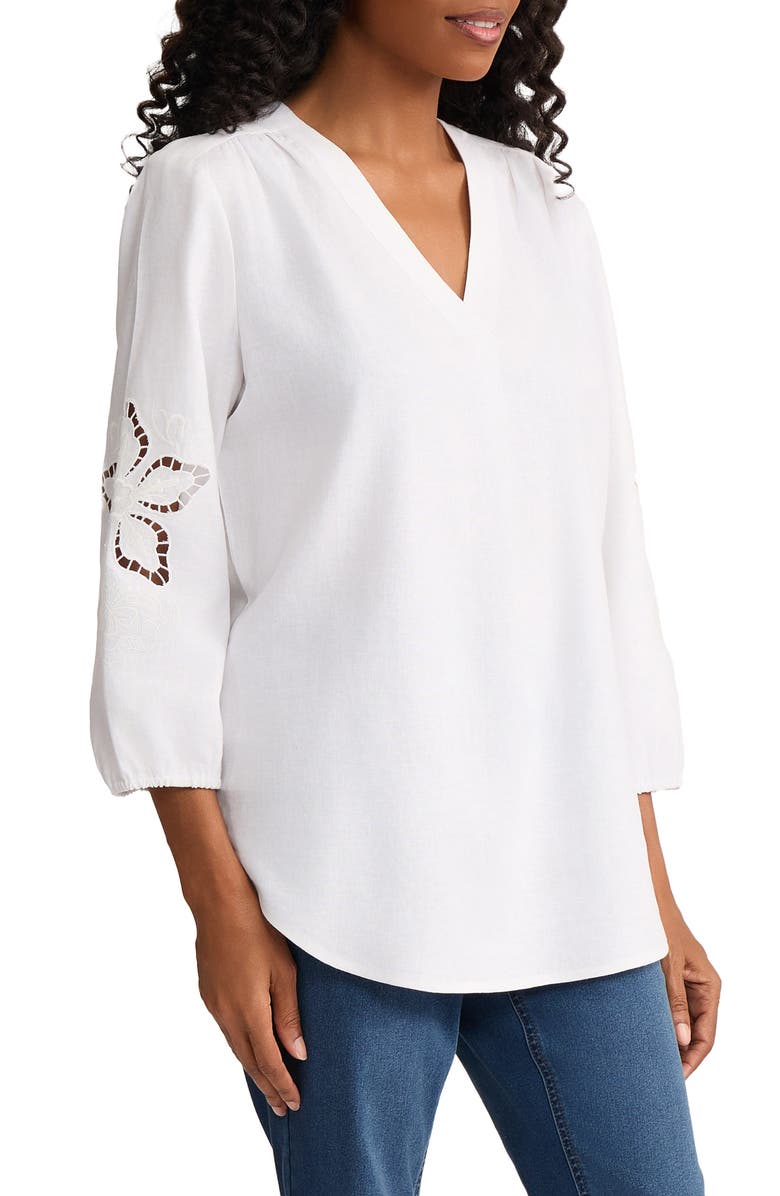 Jones New York Embroidered Pleat Front Tunic, Alternate, color, Natural White
