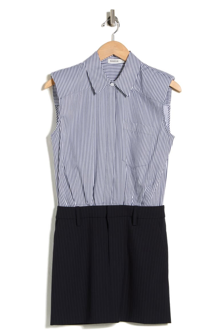 Graham Stripe Sleeveless Mixed Media Minidress, Alternate, color, MIDNIGHT PINSTRIPE MULTI