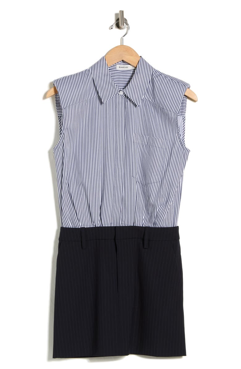 Simkhai Graham Stripe Sleeveless Mixed Media Minidress, Main, color, Midnight Pinstripe Multi