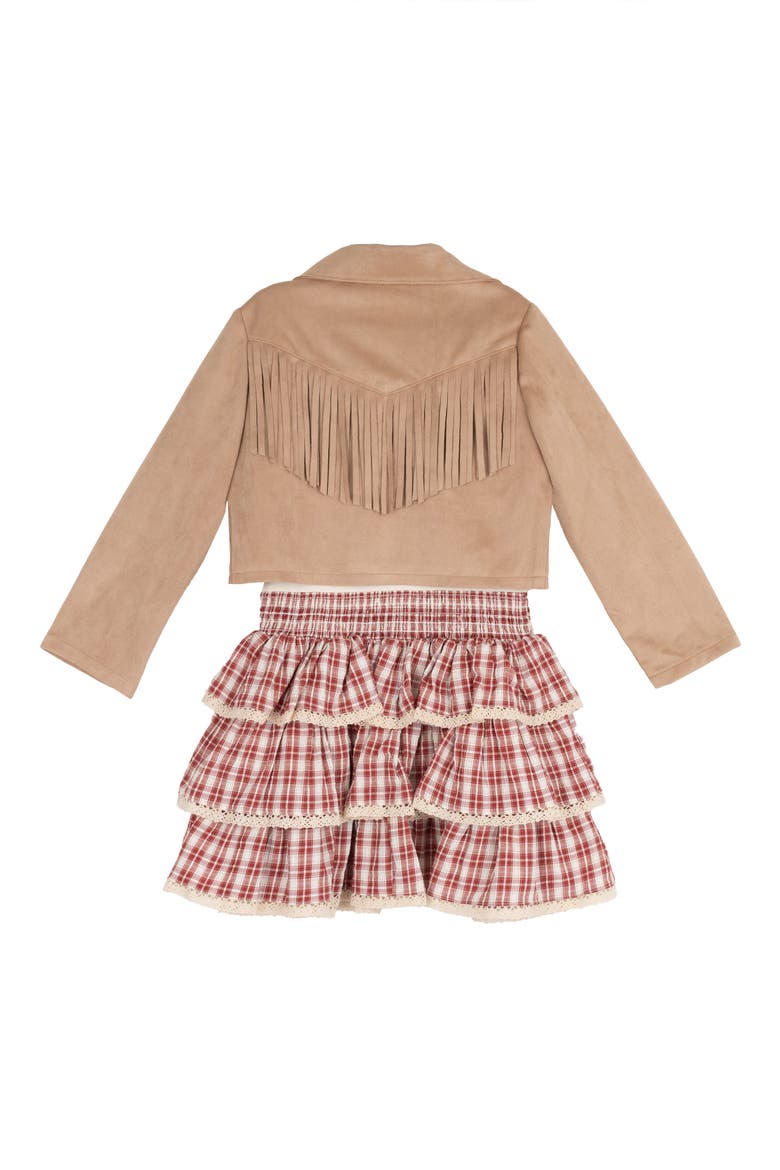 Kids' 3-Piece Faux Suede Fringe Jacket, Top & Plaid Skirt Set, Main, color, BEIGE