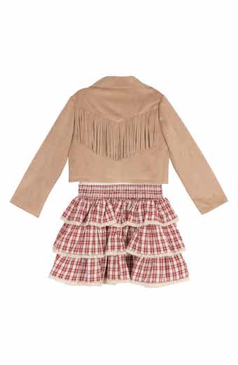 Kids' 3-Piece Faux Suede Fringe Jacket, Top & Plaid Skirt Set