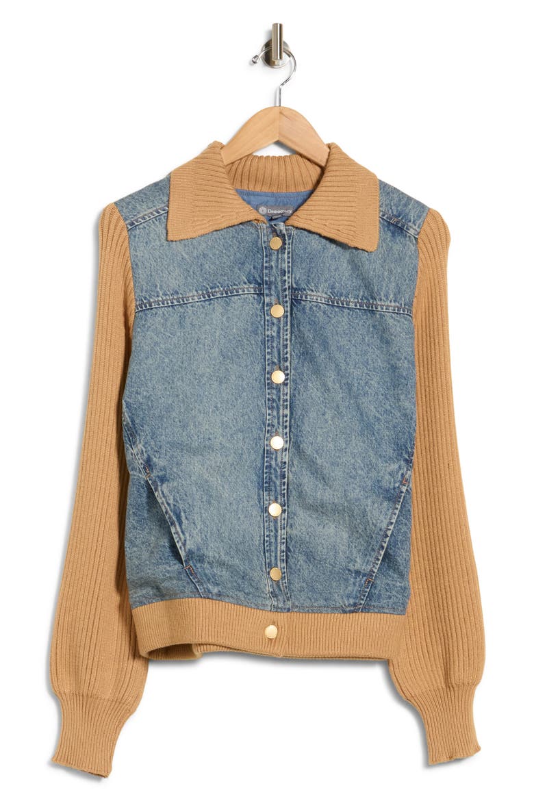 Mixed Media Denim Jacket, Main, color, LIGHT BLUE/ TAN