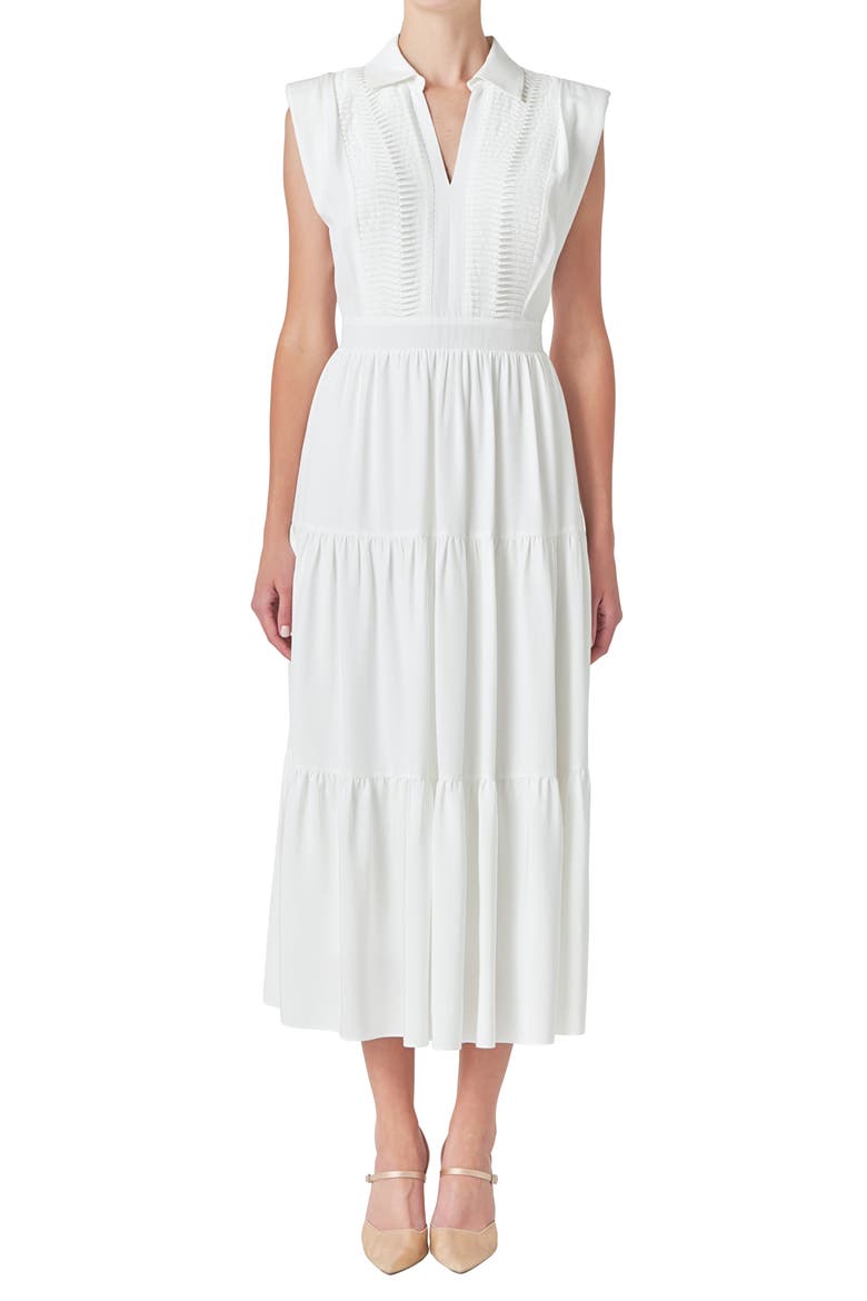 Pintuck Detail Tiered Midi Dress, Alternate, color, WHITE