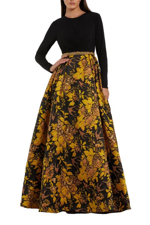 High Neck Long Sleeve Jersey And Brocade Ballgown