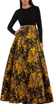 Mac Duggal High Neck Long Sleeve Jersey And Brocade Ballgown