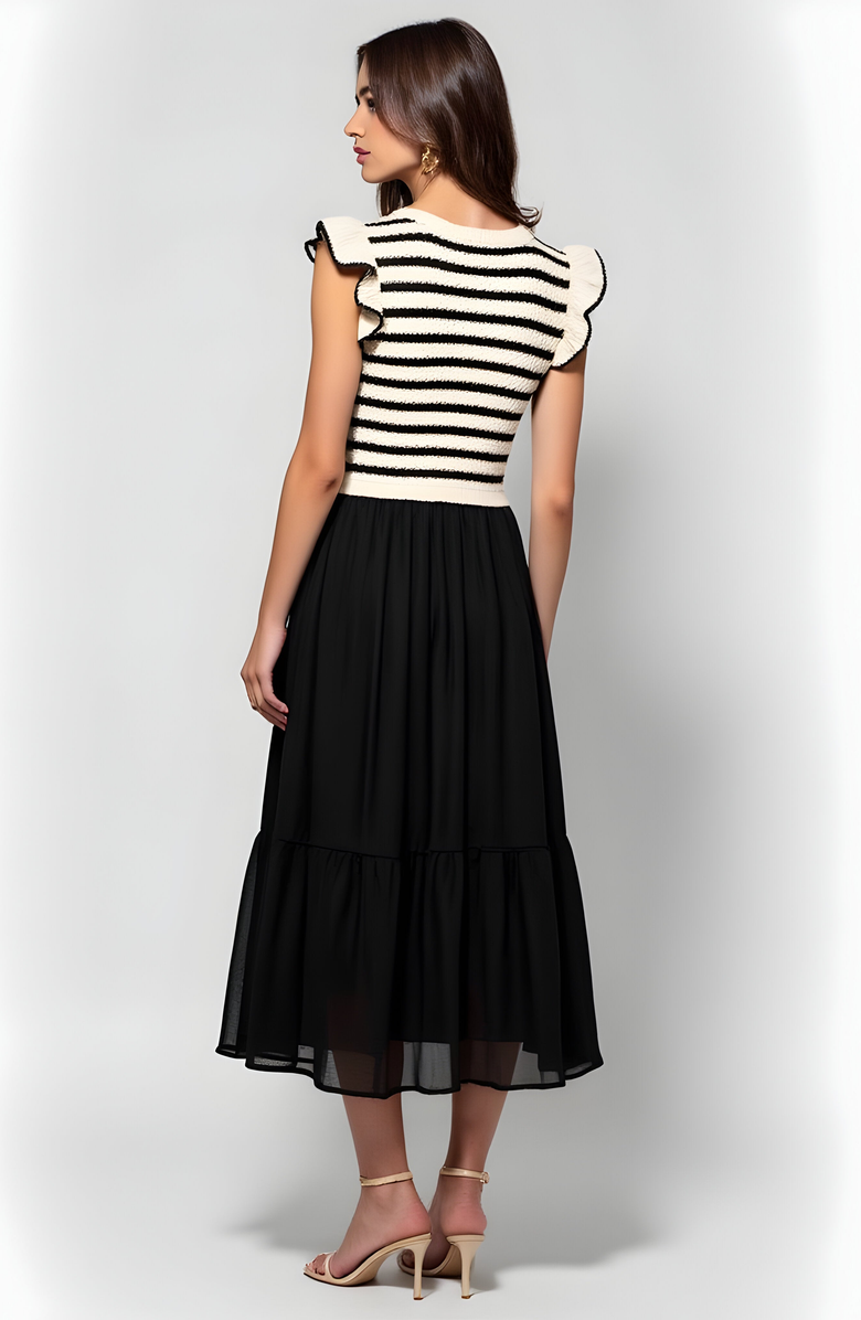 Modenaire Striped Knit Bodice Dress with Ruffle Sleeves and Tiered Skirt, Alternate, color, 