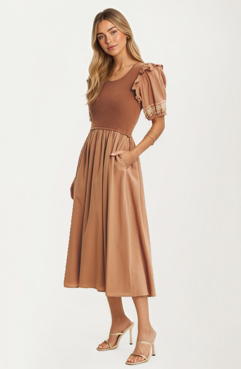 Knit and Lounge Embroidered Detail Puff Sleeve Midi Dress, Alternate, color, 