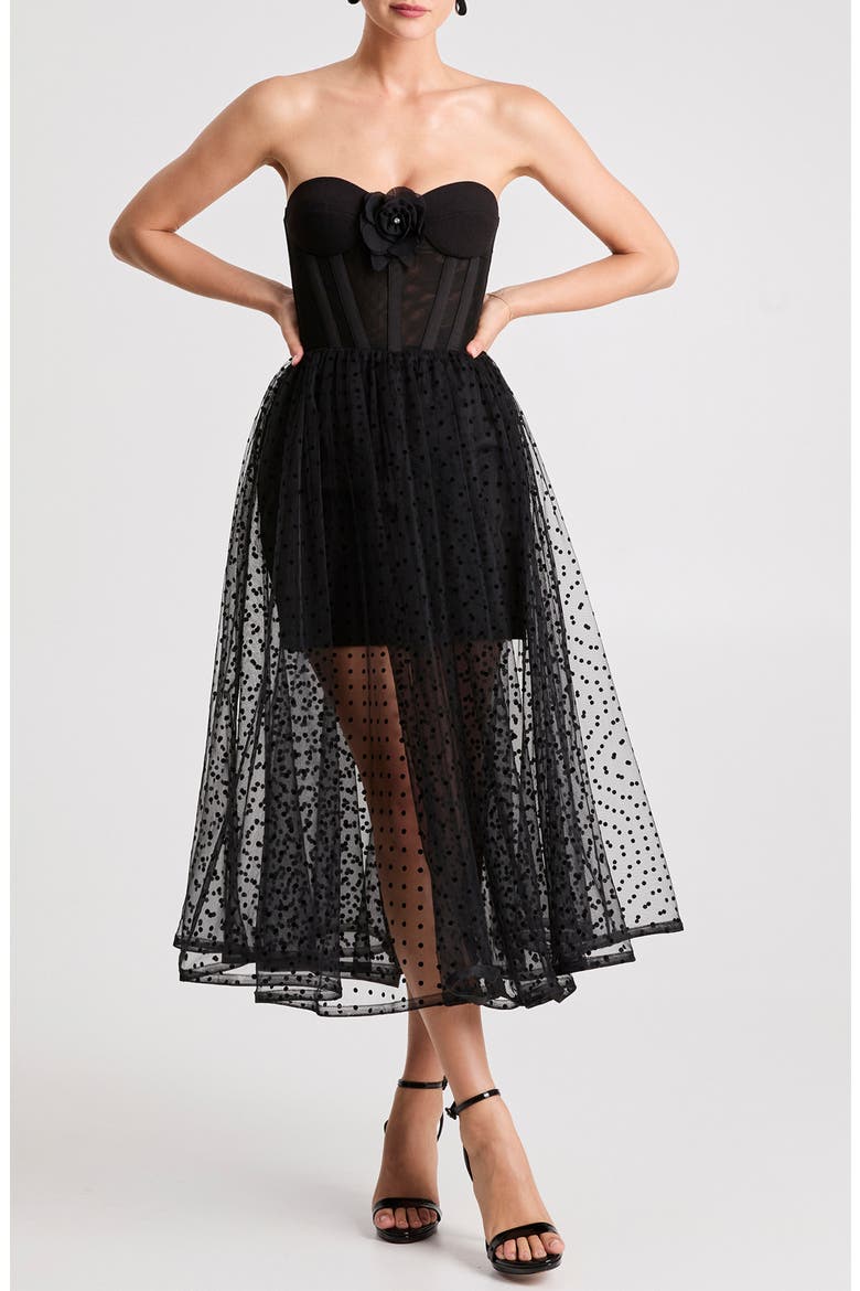 Valen Flocked Strapless Party Dress, Main, color, BLACK
