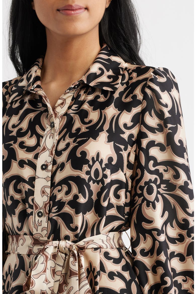Print Tie Waist Midi Shirtdress, Alternate, color, BLACK/BROWN