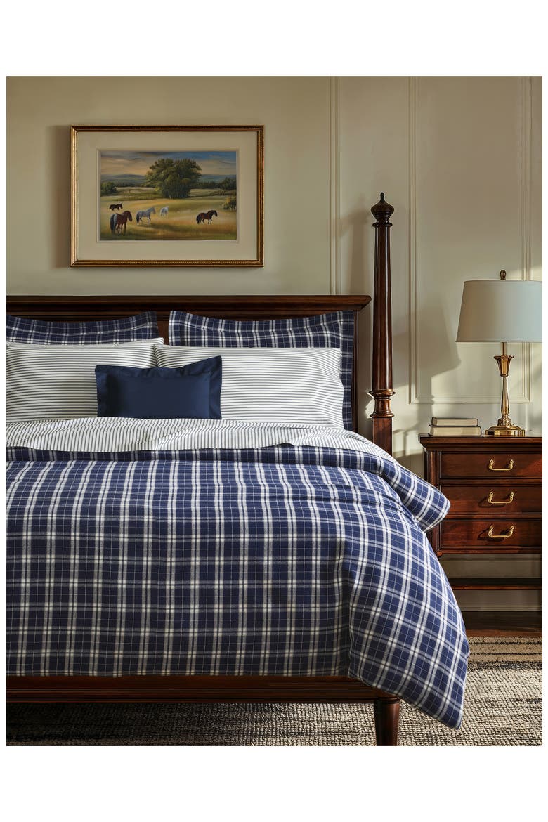 Oxford Tartan Cotton Flannel Duvet Cover, Alternate, color, NAVY