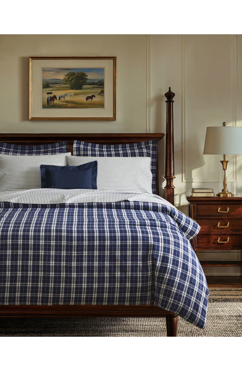 Petite Plume Oxford Tartan Cotton Flannel Duvet Cover, Alternate, color, Navy