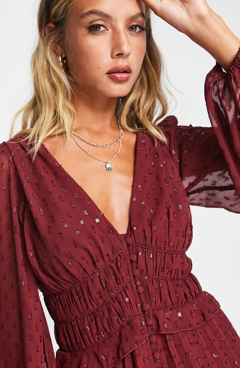 ASOS DESIGN Pleated Long Sleeve Clip Dot Chiffon Dress, Alternate, color,