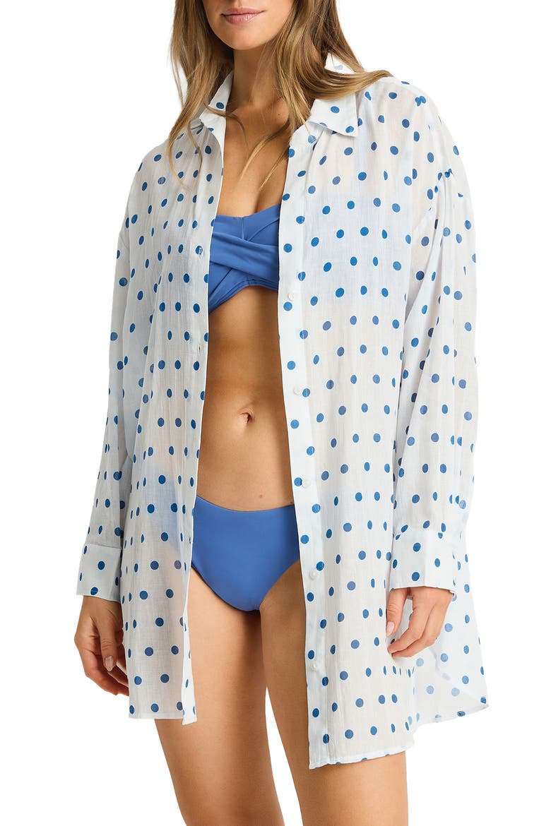 Dottie Cruise Polka Dot Cover-Up Shirt, Main, color, DENIM BLUE