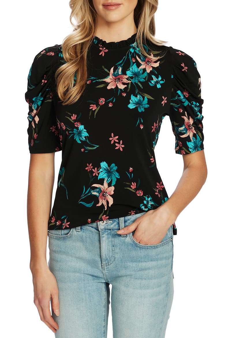 Expressive Lillies Puff Sleeve Top, Main, color, RICH BLACK