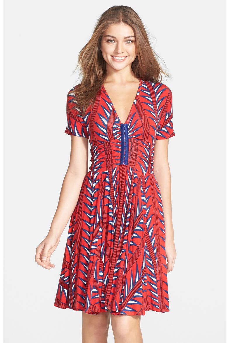 'Hannah' Print Jersey Fit & Flare Dress, Main, color, PALM ANGLES