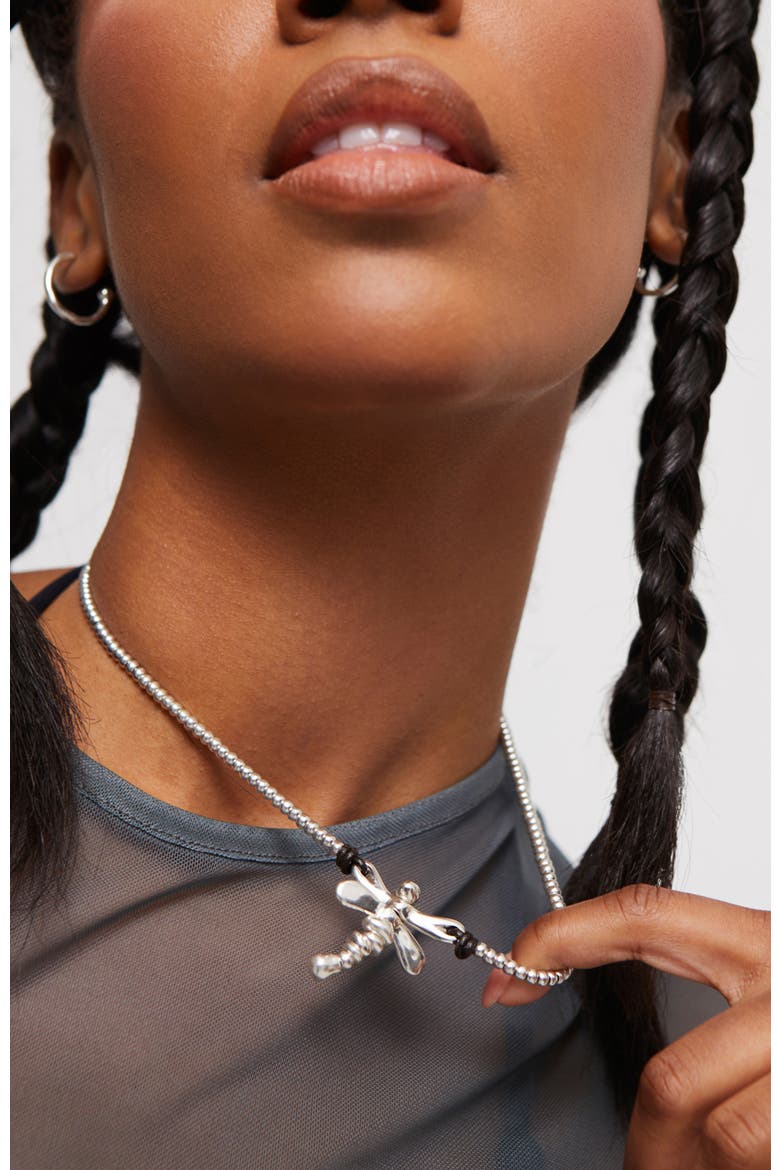 Sterling Silver Plated Short Necklace with Central Dragonfly, Alternate, color, Silver