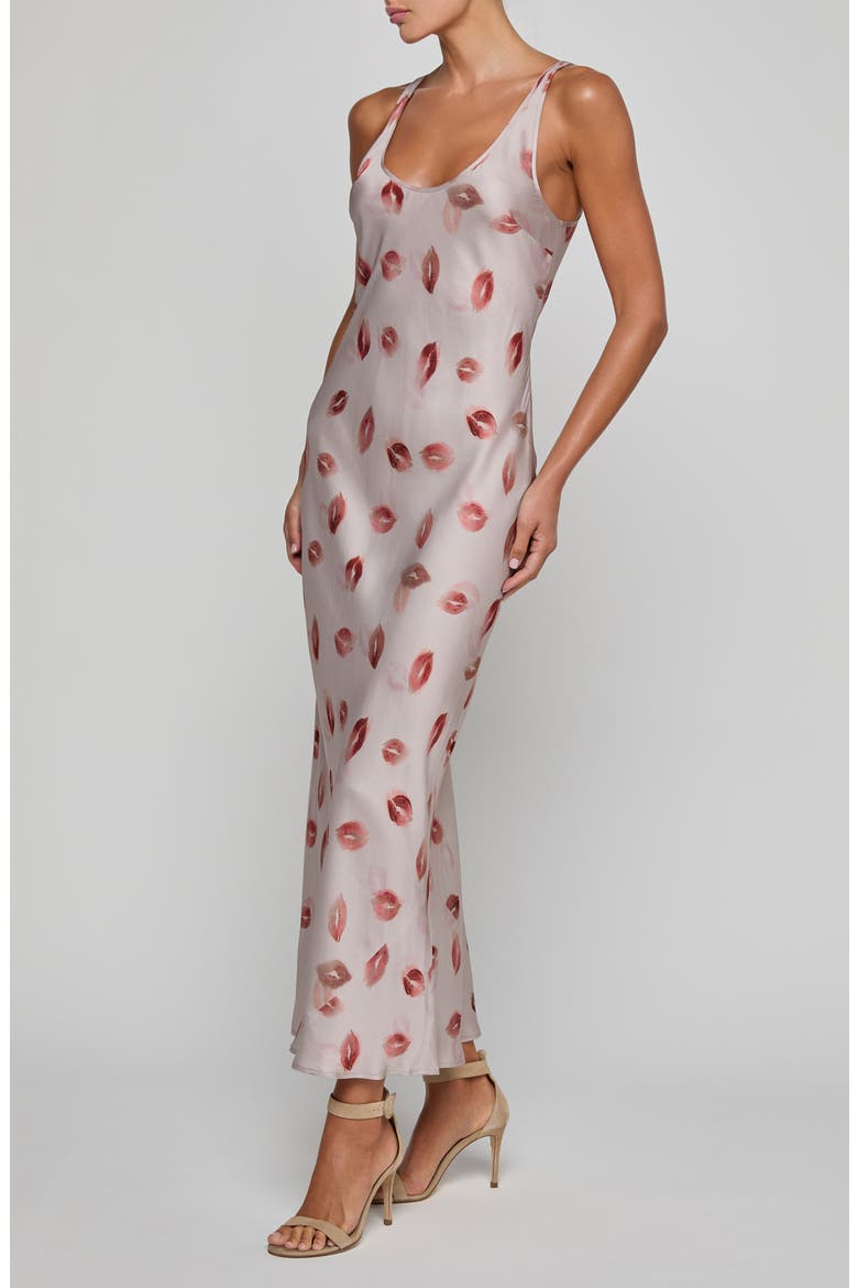 Akiya Kiss Print Satin Maxi Slipdress, Alternate, color, TAUPE/ DK RED FD KISS