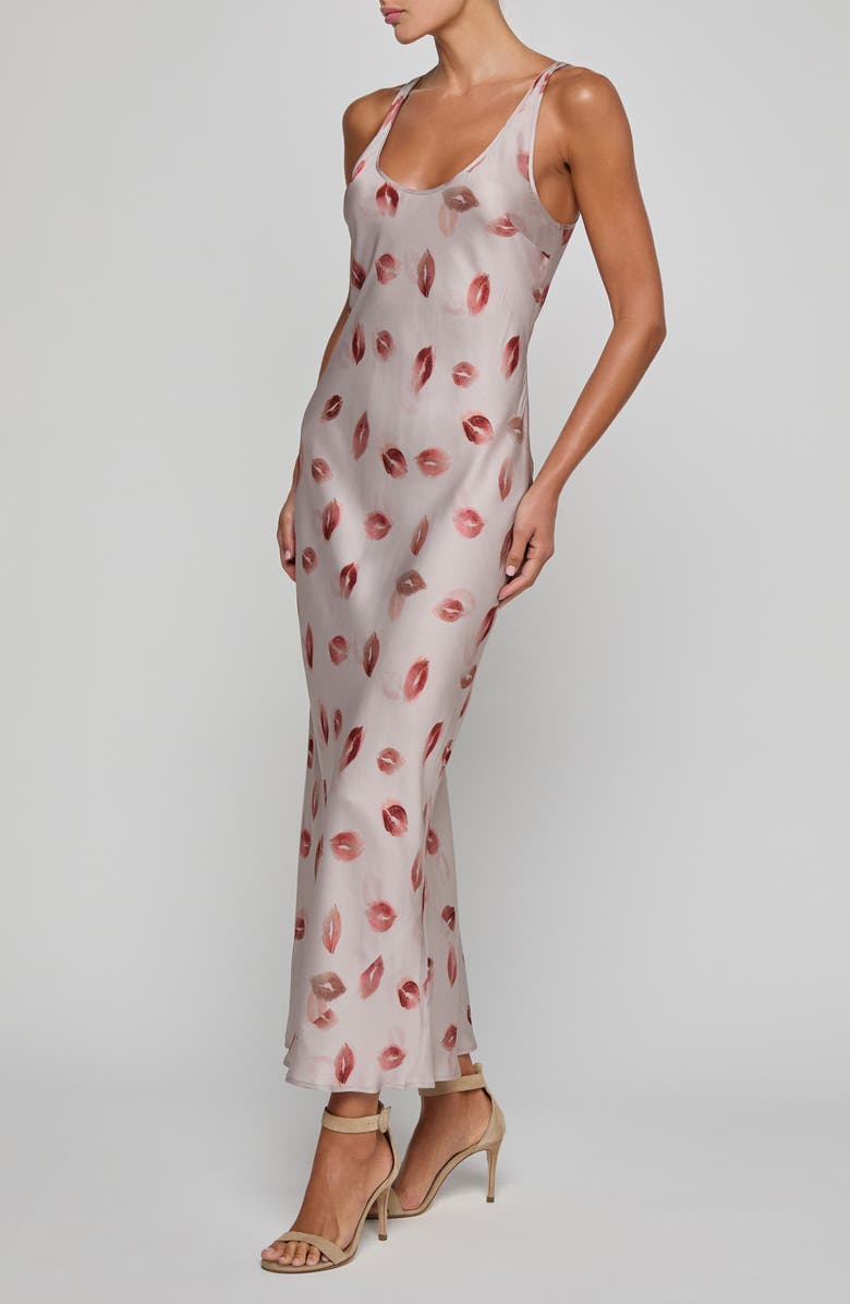 L'AGENCE Akiya Kiss Print Satin Maxi Slipdress, Alternate, color, Taupe/ Dk Red Fd Kiss