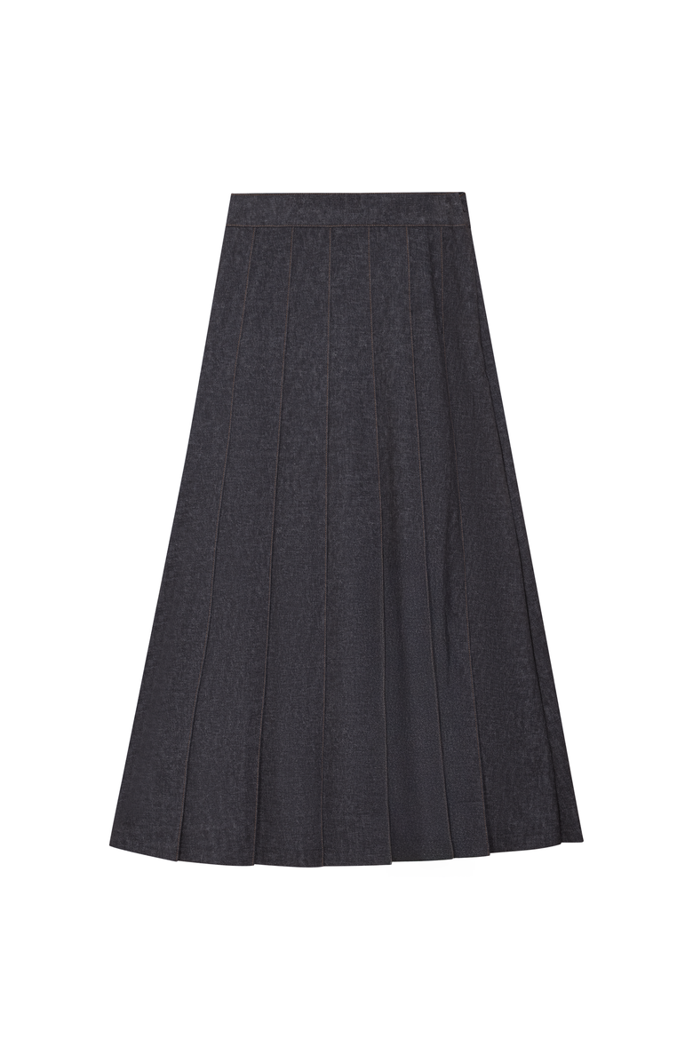 Juli Pleated Stretch Denim Knife Pleat Midi Skirt with Invisible Zipper, Main, color, Black