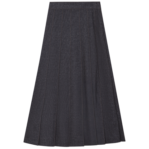 Pleated Stretch Denim Knife Pleat Midi Skirt with Invisible Zipper
