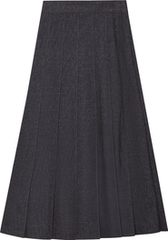 Juli Pleated Stretch Denim Knife Pleat Midi Skirt with Invisible Zipper