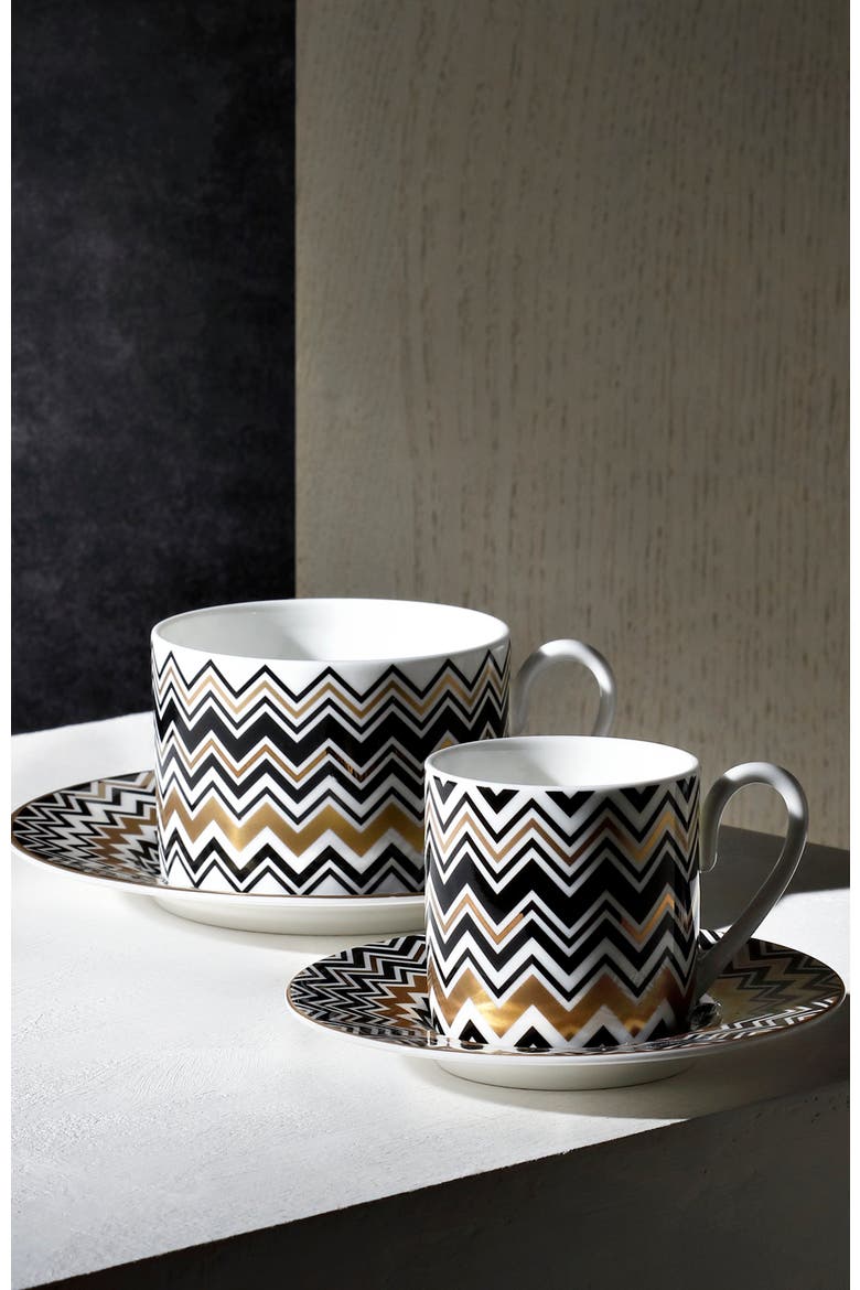 Tea Cup & Saucer ZIG ZAG Set of 2 in Luxury Box Gold diam. 3.3", H 2.3", cap. 7.5 oz, Saucer diam. 6", Alternate, color, Multicolor