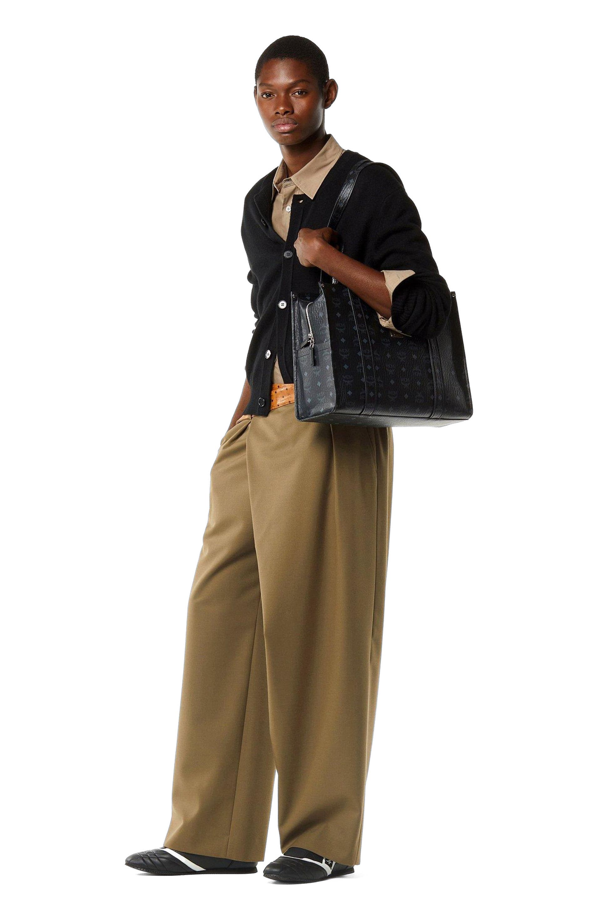 MCM Small Aren School Bag Tote in Visetos, Alternate, color, Black